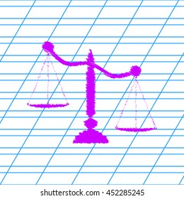 Justice scales sign. Violet scribble icon with school paper.