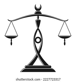 Justice scales silhouette. Mechanical balancing scales, symbol of law and judgment, punishment and truth, measuring device. Vector monochrome icon