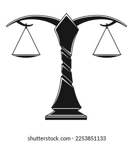 Justice scales silhouette. Mechanical balancing scales, symbol of law and judgment, punishment and truth, measuring device. Vector monochrome icon