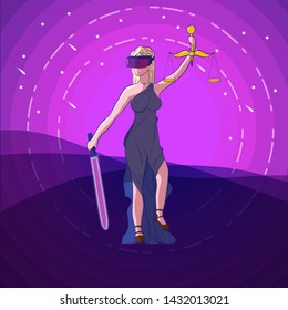 justice with scales, virtual reality glasses VR and neon sword of justice - virtual justice concept - vector illustration on pink background