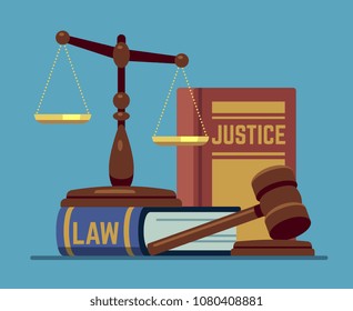 Justice scales and wood judge gavel. Wooden hammer with law code books. Legal and legislation authority vector concept. Justice law judgment, hammer and punishment illustration