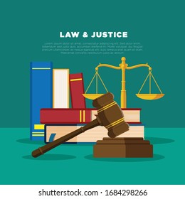 Justice scales and wood judge gavel. Wooden hammer with law code books.