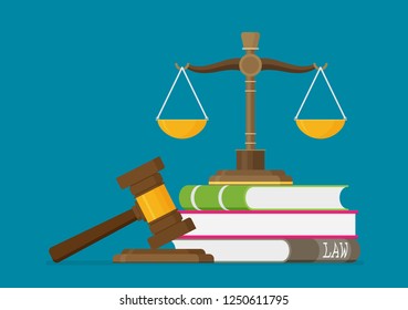 Justice scales and wooden judge gavel. Law hammer sign with books of laws. Legal law and auction symbol. Libra in flat design. Vector illustration.