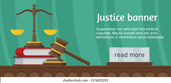 Justice scales and wooden judge gavel background. Law hammer sign with books of laws. Legal law and auction symbol. Libra in flat design. Vector illustration. Web banner. Vector design.