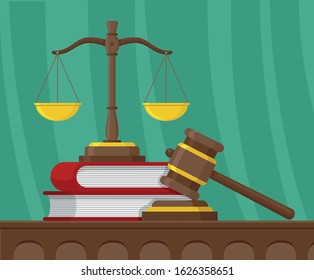 Justice scales and wooden judge gavel background. Law hammer sign with books of laws. Legal law and auction symbol. Libra in flat design. Vector illustration. Web banner. Vector design illustration.