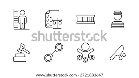 Justice set icon. Height chart, document, scale, prison building, prisoner, gavel, handcuffs, corruption, crime, law, punishment, sentence, court