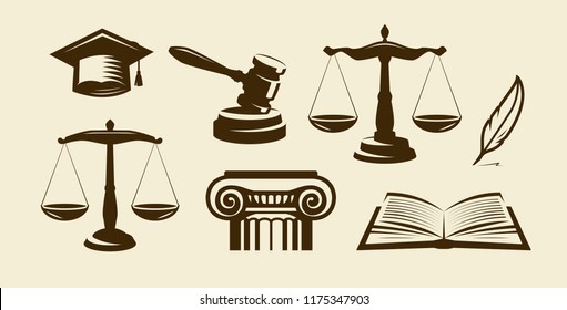 Justice Set Of Icons. Lawyer, Advocate, Law Symbol. Vector Illustration