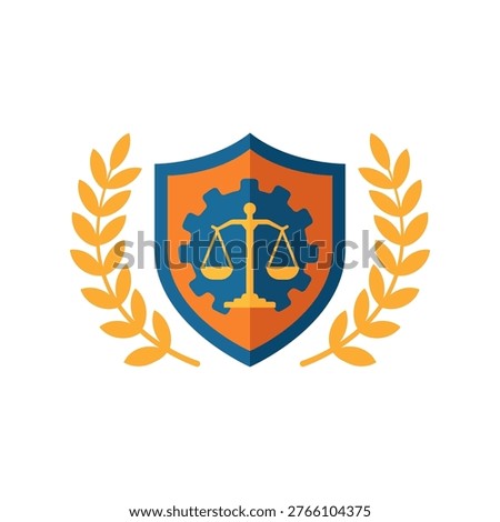 Justice shield logo with scales and laurel wreath in flat vector style, symbol of law, balance, and protection, isolated on white background, ideal for legal branding and institutions.