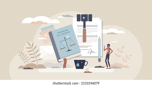 Justice and social rights attorney with law knowledge tiny person concept. Honesty and ethics education for arbitration or court work vector illustration. Professional document verdict and judgment.