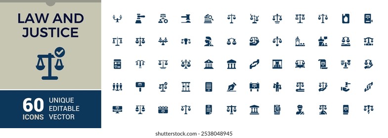 Coleções de ícones sólidos de Justiça. Contém ícones como polícia, jurídico, conjunto, criminoso, direito e muito mais. Pacote de ícones preenchidos. Coleção de ícones planos de vetor.
