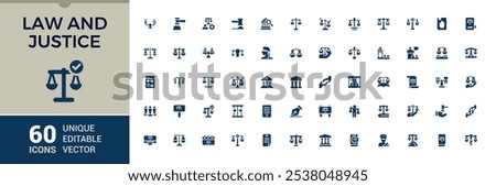 Justice solid icon collections. Contains such icons as police, legal, set, criminal, right and more. Filled icons pack. Vector flat icons Collection.