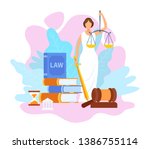 Justice Statue Holding Scales Flat Illustration. Law, Order and Judgement Symbols. Legal Books, Textbooks Stack. Jurisprudence University Faculty, Course. Juridical Science School, Education