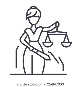 justice statue vector line icon, sign, illustration on background, editable strokes