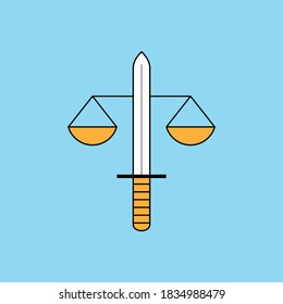 Justice symbol with sword and scales vector sign.