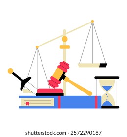 Justice Symbols Including Gavel, Scales, Sword, And Books In Flat Vector Illustration Symbolizing Law, Fairness, And Order, Isolated On White Background