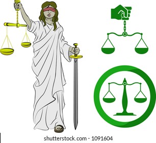 Justice symbols. Lady justice, and two sets of scales.