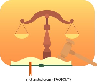 Símbolos de justicia. Libra de Temis, el martillo del juez y el libro de leyes. Ilustración vectorial. Jurisprudencia, aplicación de la ley.