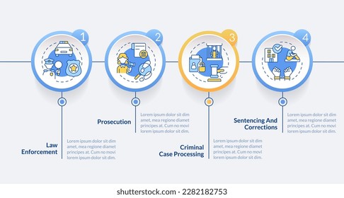 Justice system blue circle infographic template. Public safety. Data visualization with 4 steps. Editable timeline info chart. Workflow layout with line icons. Lato-Bold, Regular fonts used