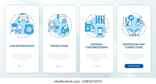 Justice system blue onboarding mobile app screen. Public safety. Walkthrough 4 steps editable graphic instructions with linear concepts. UI, UX, GUI template. Myriad Pro-Bold, Regular fonts used
