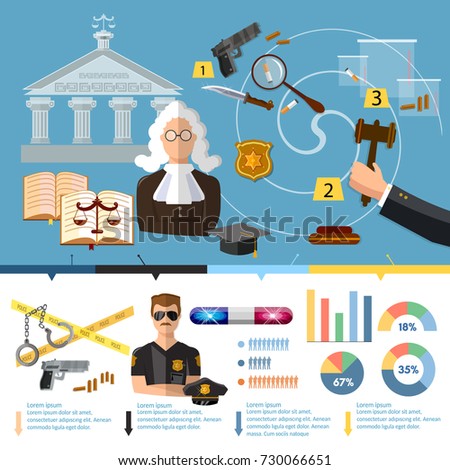 Justice system infographics. Law infographics set with court and judical system elements vector illustration. Courthouse, crime and punishment 