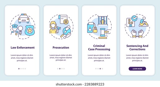 Justice system onboarding mobile app screen. Public safety. Walkthrough 4 steps editable graphic instructions with linear concepts. UI, UX, GUI template. Myriad Pro-Bold, Regular fonts used