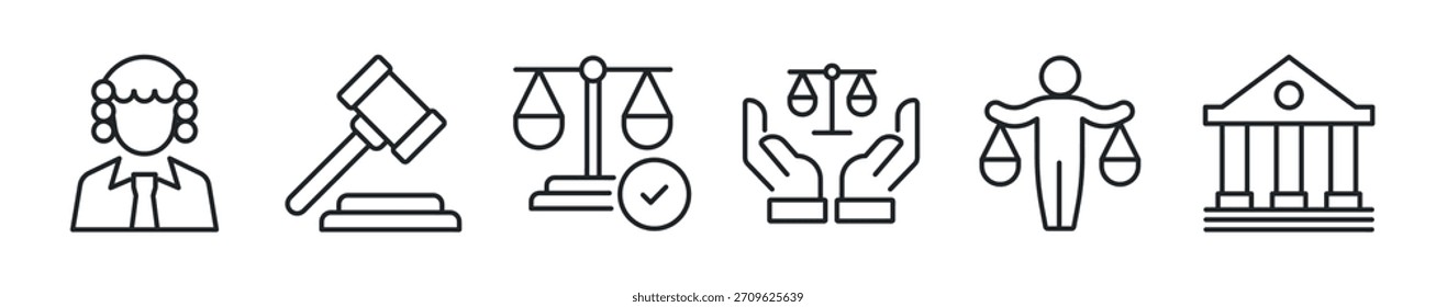 Conjunto de iconos de línea delgada de justicia. Iconos mínimos de Web