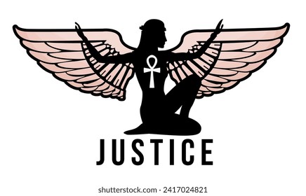 Justice. T-shirt design of a winged Egyptian woman silhouette with outstretched arms.