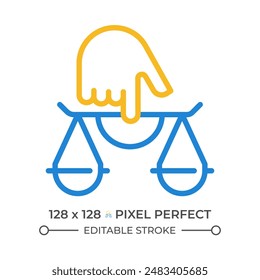 Justice two color line icon. Balanced scales on finger. Law system protecting order in society. Judgement bicolor outline symbol. Duotone linear pictogram. Isolated illustration. Editable stroke
