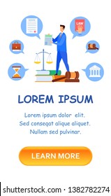 Justice University Department Vector Landing Page. Administrative, Common, Civil, Labour Law Course App Screen Template. Notarial and Executive Process, Advocacy. Criminology Lecture Illustration