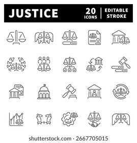 Ícones de vetor Justice no estilo de linha. Símbolos de justiça definidos. Delinear ícones de justiça