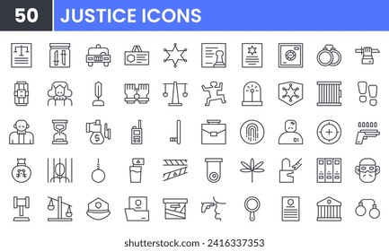 Justice vector line icon set. Contains linear outline icons like Law, Crime, Legal, Lawyer, Criminal, Judge, Jail, Prison, Police, Corruption, Illegal, Siren, Drug. Editable use and stroke.