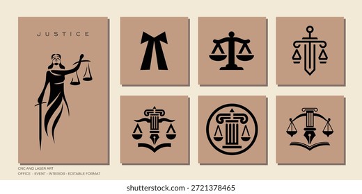 Obras de arte Justice Wall Elements são ilustrações visuais que combinam símbolos clássicos de justiça e direito, organizados como elementos de design adequados para arte de parede, cartazes, gráficos editoriais ou padrões de fundo. Muitas vezes incluem.

