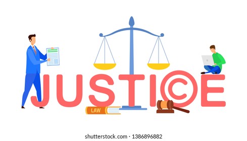 Justice Web Banner Cartoon Template With Text. Legislation Law Vector Poster. Corporate Lawyer, Business Consultant, Advisor Flat Character. Distant, Online Law School Student Illustration