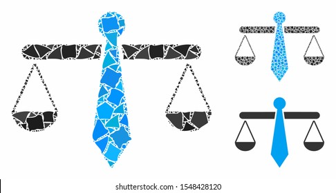 Justice weight composition of bumpy parts in different sizes and color tones, based on justice weight icon. Vector joggly parts are united into mosaic.