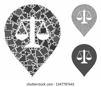 Justice weight marker composition of joggly elements in variable sizes and color tints, based on justice weight marker icon. Vector bumpy elements are united into collage.