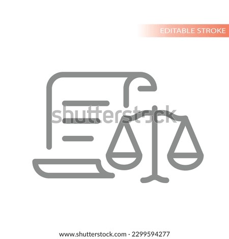 Justice weight scales and paper scroll document line vector icon. Sentence, verdict or law, legal document outline symbol.