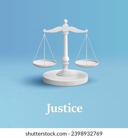 Justice white 3d scales law equality render illustration, balance measure symbol isolated icon realistic icon design