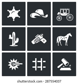 Justice in the wild west icons set. Vector Illustration.
Isolated Flat Icons collection on a black background for design