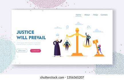 Justice will Prevail Landing Page. Judge Hears Witness and Evidence Presented by Barrister of Case, Assess Credibility and Argument Website or Web Page. Flat Cartoon Vector Illustration