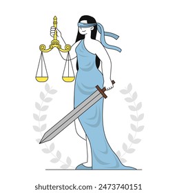 Justice woman concept. Young girl blindfolded with scales in her hand and sword. Greek goddess from mythology. Jurisprudence and judgement, legal support. Linear flat vector illustration