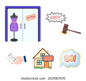 Justice, women's clothin and other web icon in cartoon style. the auction house, a check about payment icons in set collection.