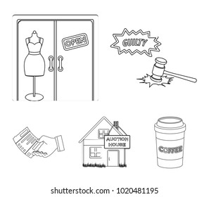 Justice, women's clothin and other web icon in outline style. the auction house, a check about payment icons in set collection.