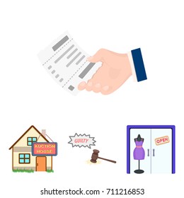 Justice, women's clothin and other web icon in cartoon style. the auction house, a check about payment icons in set collection.