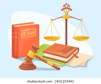 Justice wooden scales. Law legal concept banner, wood scale libra and judge gavel hammer, lawyer study book legal advice legislation judicial verdict court neat vector illustration of legal lawyer