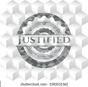 Justified grey badge with geometric cube white background