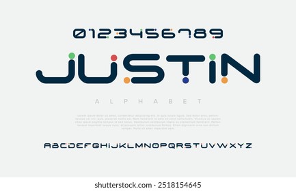 Justin creative modern geometric urban alphabet font. Digital abstract futuristic, game, techno, robot, music, logo, sport, minimal technology typography. Simple numeric vector illustration