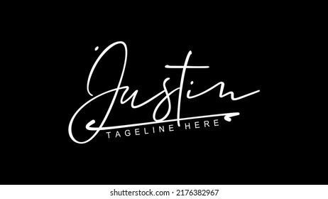 Justin handwritten name logotype signature.Manual identity autograph signature sign.White Signature For Document On black Background.Isolated hand drawn name logo design.