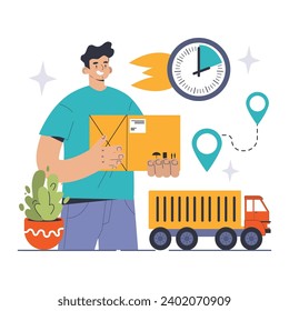 Just-in-Time Delivery concept. Man coordinates prompt parcel shipping, ensuring efficient logistics and timely arrival with clock and map pins. Streamlined freight transport. Flat vector illustration