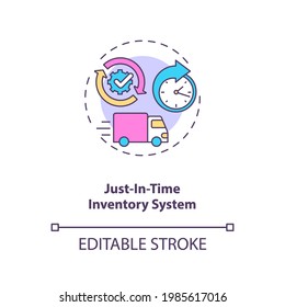 Just-in-time inventory system concept icon. M2M communication idea thin line illustration. Ordering materials and products from suppliers. Vector isolated outline RGB color drawing. Editable stroke