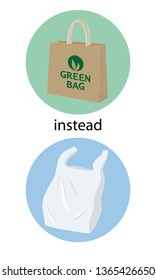 Jute bag instead plastic bag. Eco lifestyle. 3d vector illusration